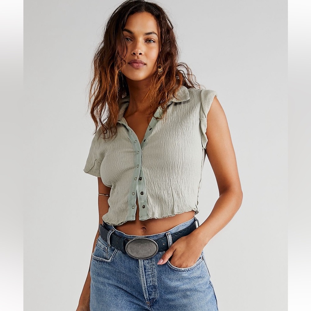Free People Sage Green Button-Front Shirt